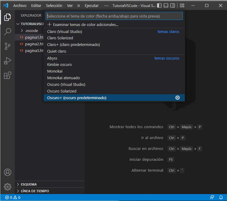 selección de tema de color vscode