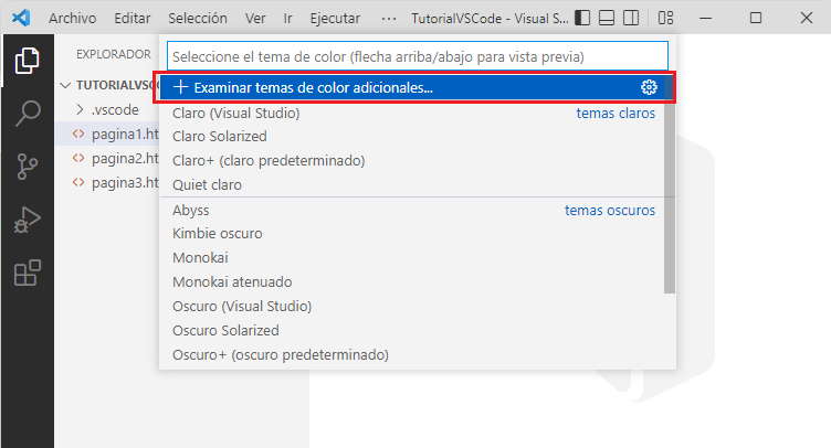 seleción de tema de color vscode