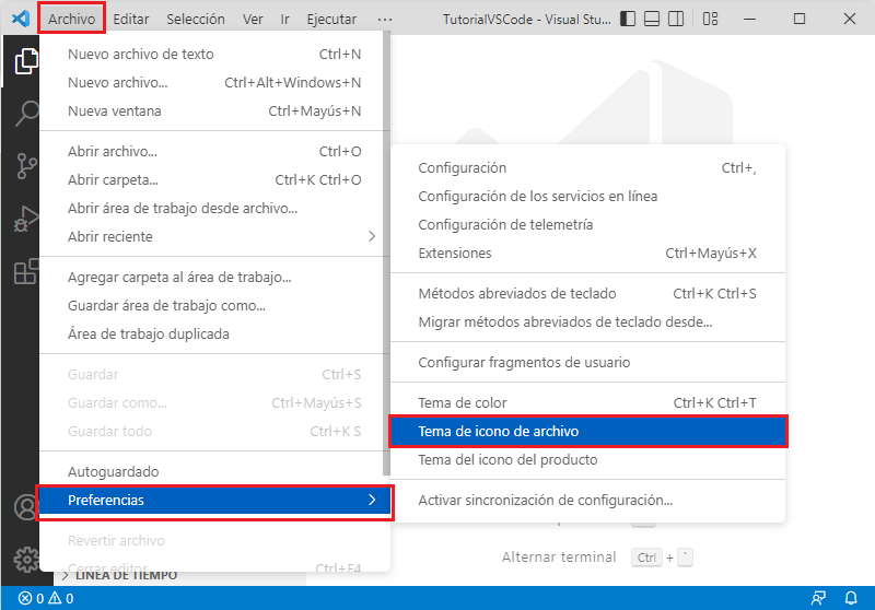 tema de ícono de archivo desde el menú de opciones vscode