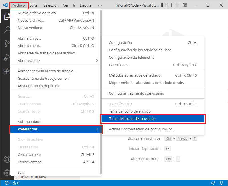 tema de ícono del producto desde el menú de opciones vscode