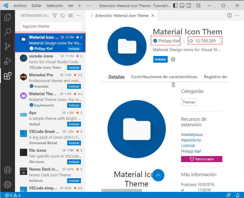 tema de ícono de archivo instalación selección vscode