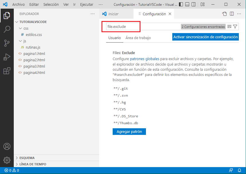 configuracion - archivos y carpetas a excluir - vscode