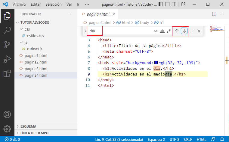 búsqueda en un archivo - desplazarse entre coincidencias - vscode