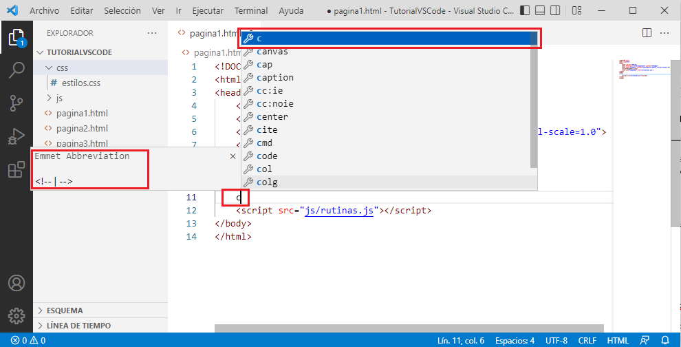 Emmet comentario script VSCode