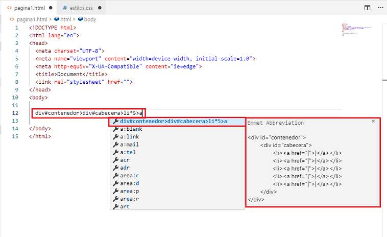 Emmet expresiones compuestas VSCode