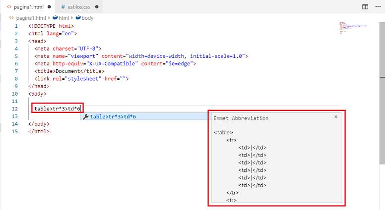 Emmet expresion tabla de 3 filas y 6 columnas VSCode