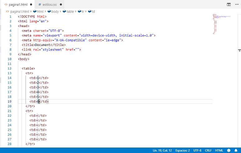 Emmet expresion tabla de 3 filas y 6 columnas editar elementos VSCode