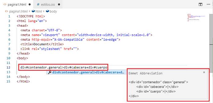 Emmet expresion id class VSCode