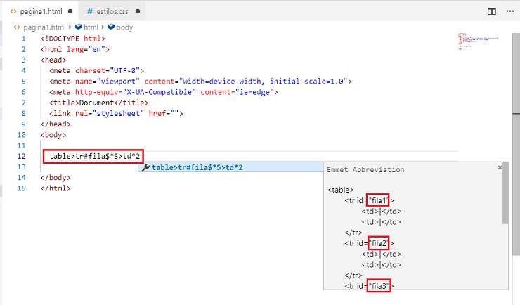 Emmet expresion de numeración de elementos VSCode