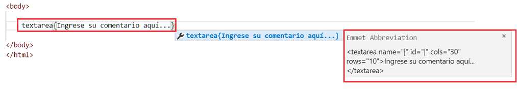 Emmet expresión con texto de elementos VSCode