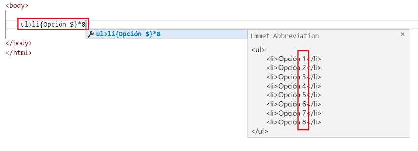 Emmet expresión con texto de elementos VSCode