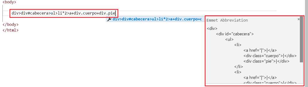 Emmet expresión agrupar con paréntesis VSCode