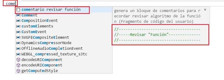 fragmento de código personalizados Intellisense VSCode