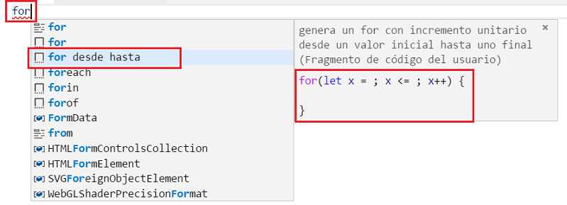 fragmento de código personalizados Intellisense VSCode