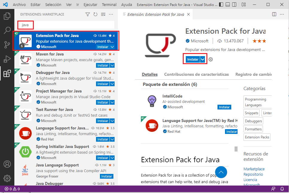 extensión Extension Pack for Java vscode