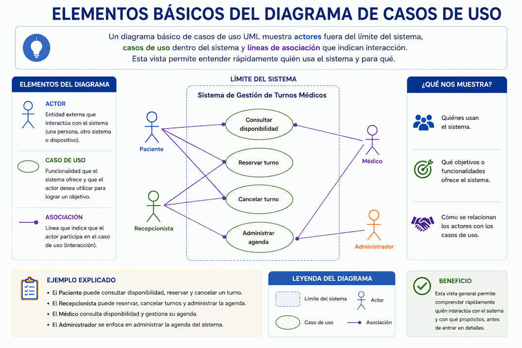 Diagrama básico de casos de uso UML con actor, caso de uso, límite del sistema y asociación