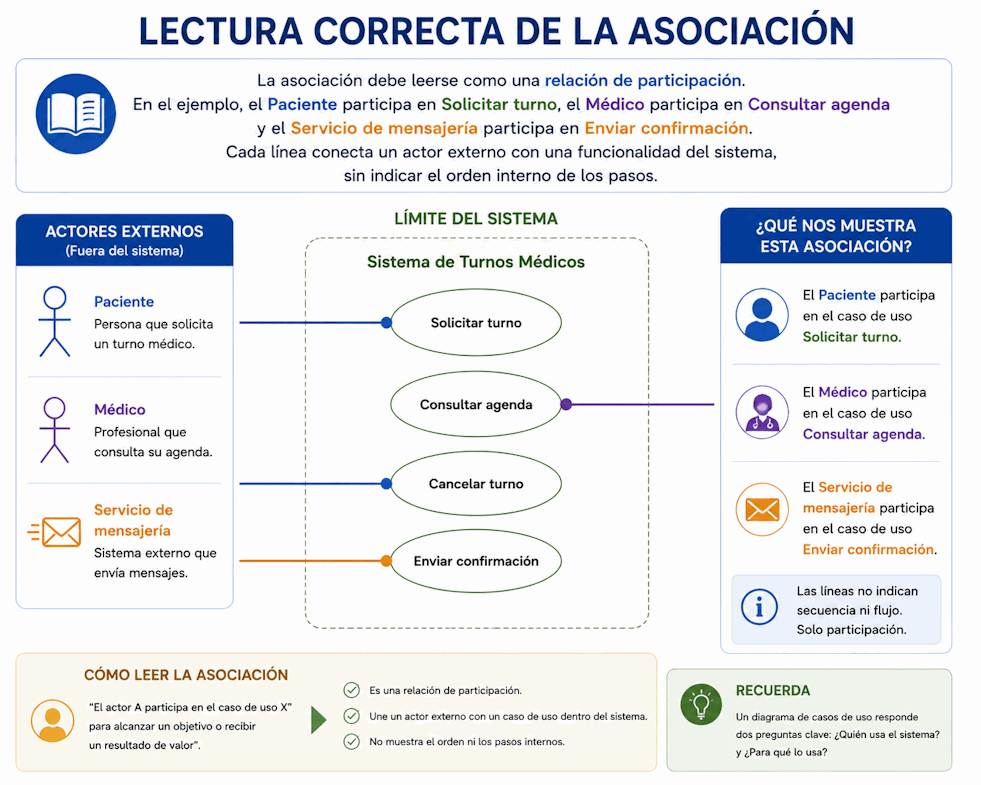 Asociación entre actores y casos de uso indicando participación sin representar orden ni flujo de datos