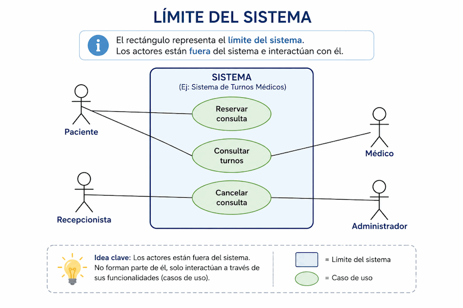 Límite de un sistema con actores externos y casos de uso dentro del sistema