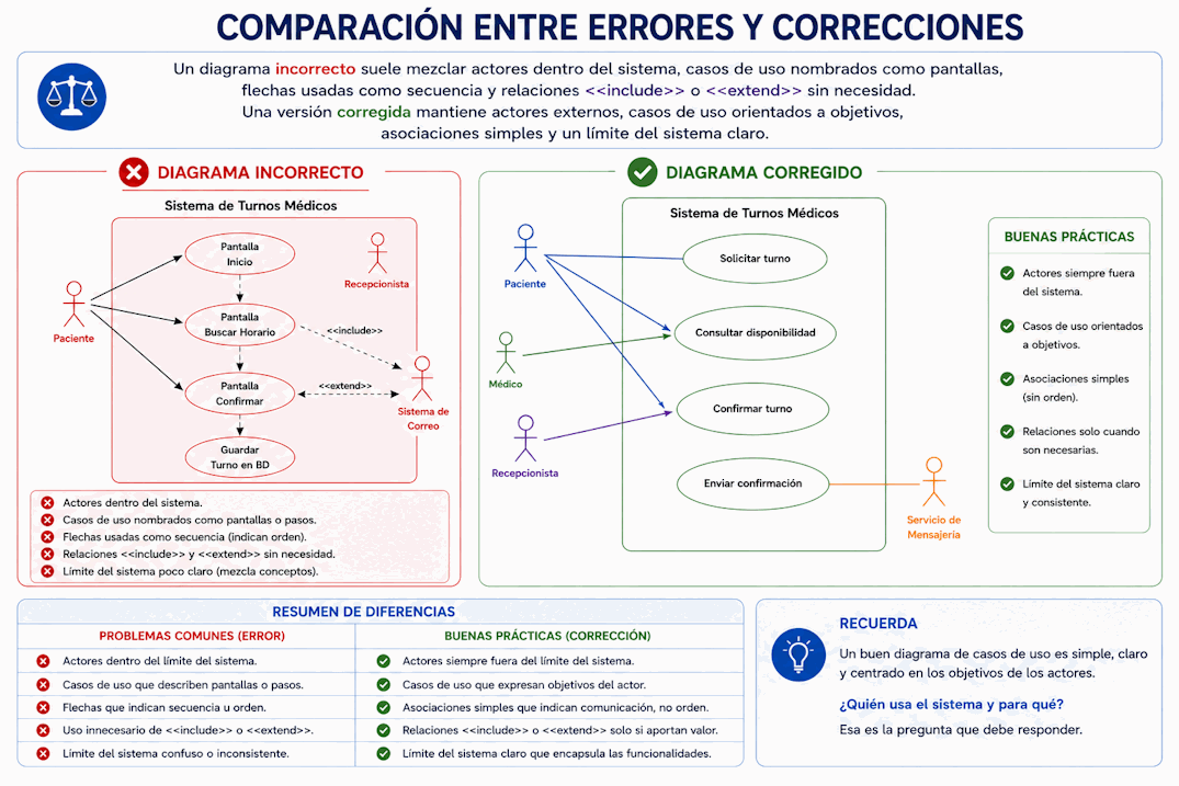 Comparación entre un diagrama de casos de uso con errores frecuentes y una versión corregida