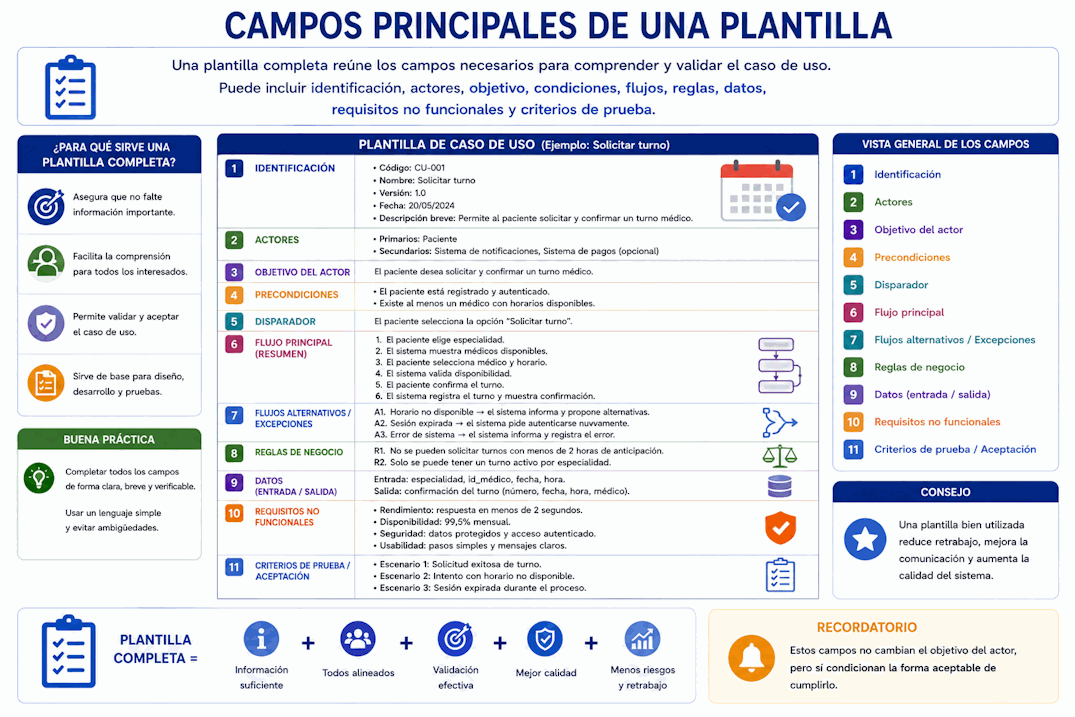Plantilla completa para documentar un caso de uso con campos principales de especificación