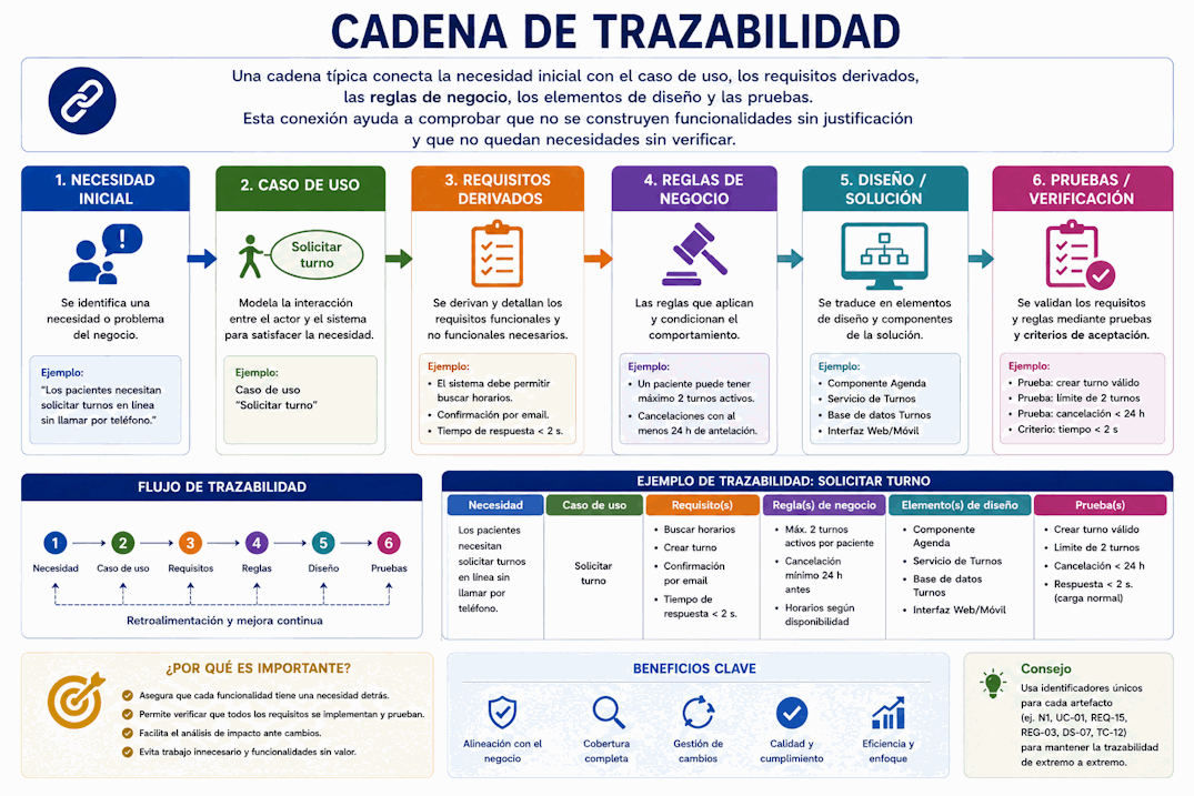 Cadena de trazabilidad entre necesidad, caso de uso, requisito, diseño y prueba