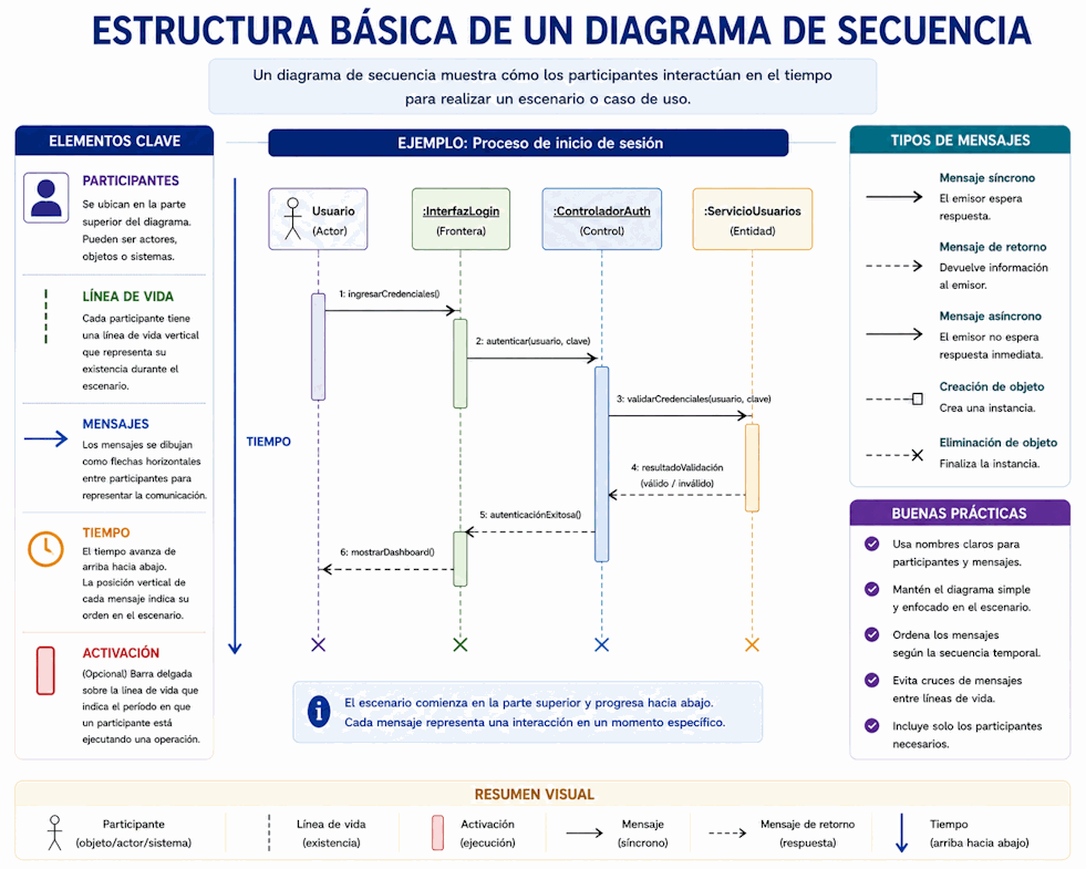 Diagrama de secuencia UML con participantes, líneas de vida, mensajes y orden temporal
