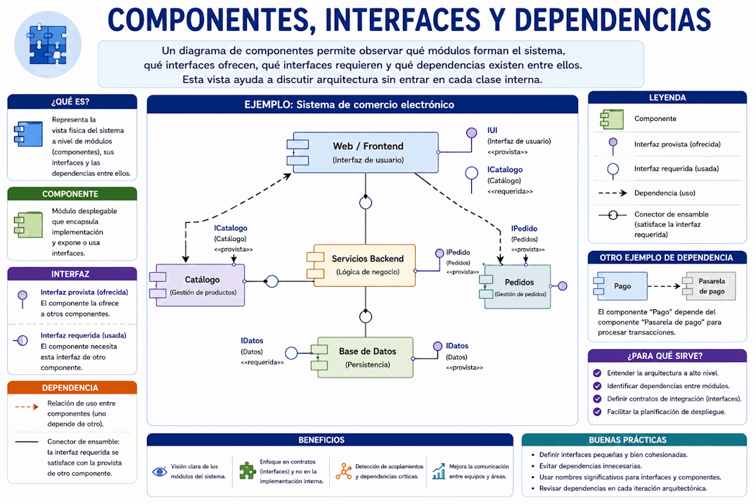 Diagrama de componentes UML con módulos, interfaces ofrecidas, interfaces requeridas y dependencias