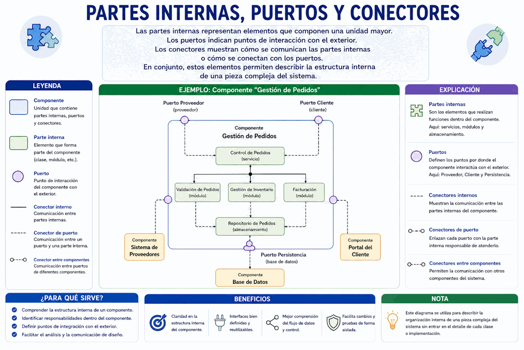 Diagrama de estructura compuesta UML con partes internas, puertos y conectores