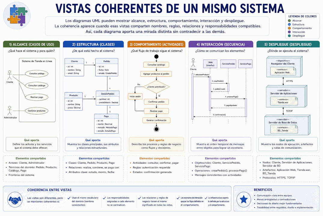 Varios diagramas UML conectados mediante nombres, relaciones, escenarios y responsabilidades coherentes