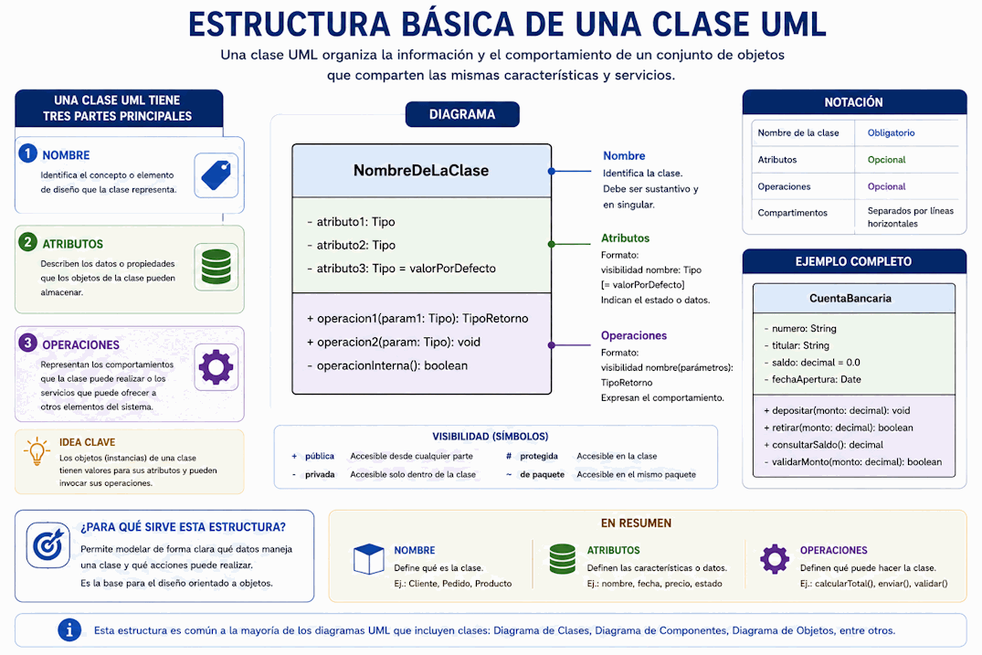 Clase UML con nombre, atributos y operaciones dentro de un rectángulo dividido en compartimentos