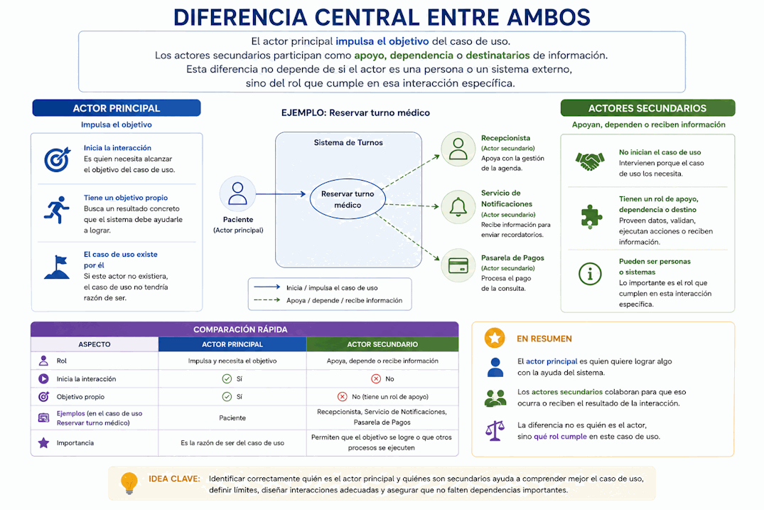 Diferencia entre actor principal y actores secundarios en un caso de uso de solicitar turno