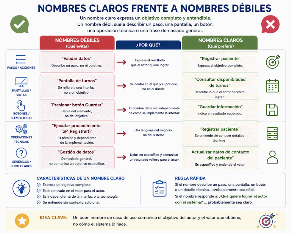 Comparación entre nombres débiles y nombres claros de casos de uso