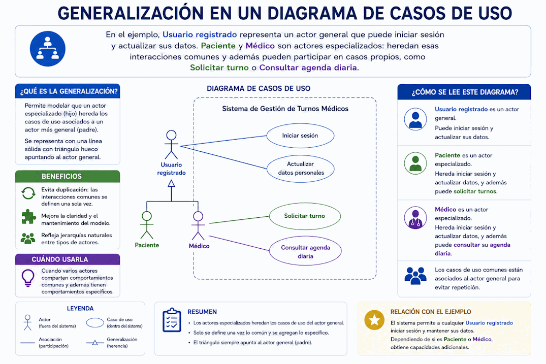 Generalización de actores en UML con Usuario registrado como actor general y Paciente y Médico como actores especializados