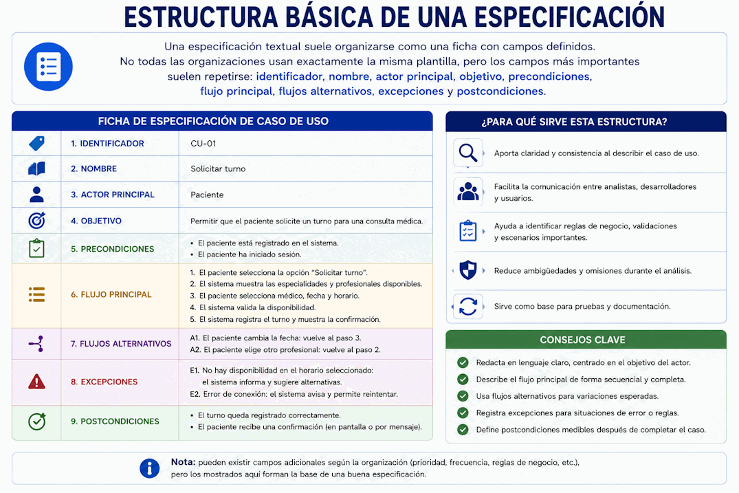 Ficha de especificación textual de un caso de uso con identificador, actor, objetivo, precondiciones, flujo principal y postcondiciones