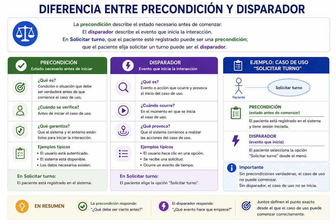 Diferencia entre precondición y disparador en el inicio de un caso de uso