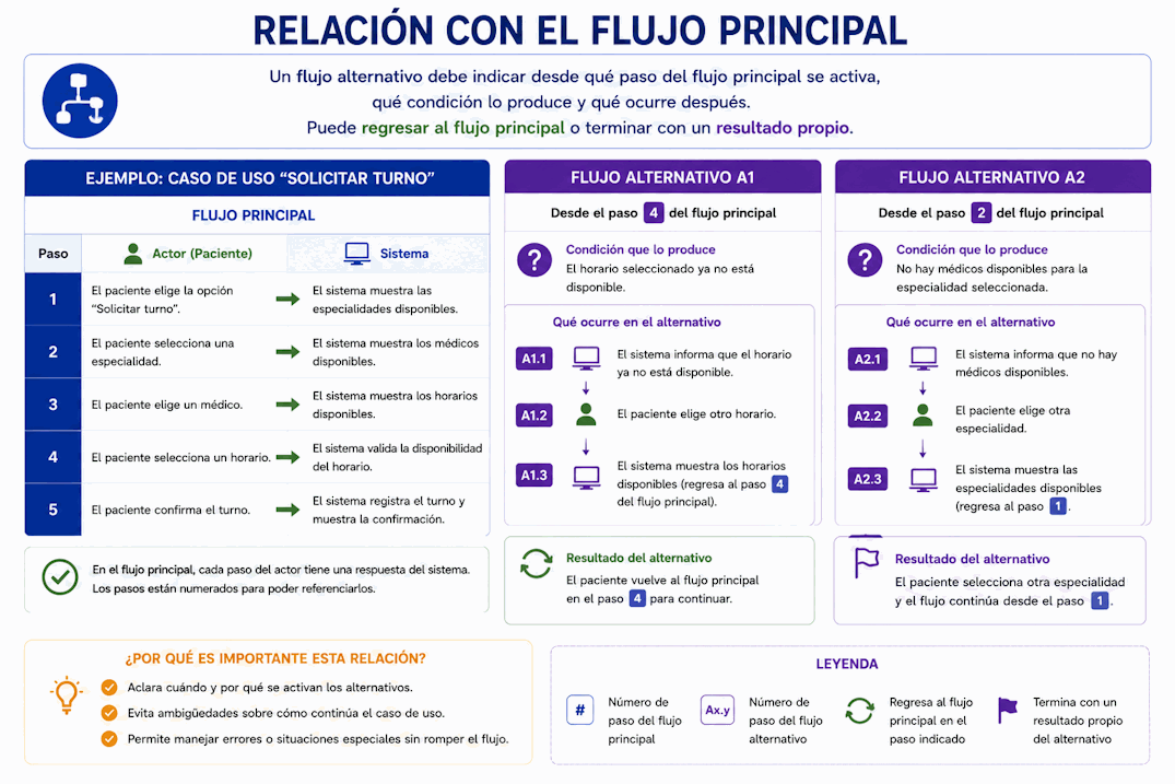 Flujo alternativo que se desprende de un paso del flujo principal y luego vuelve al flujo normal