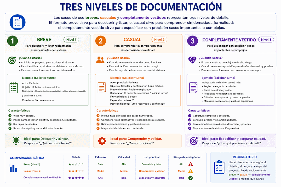 Comparación entre casos de uso breves, casuales y completamente vestidos según nivel de detalle