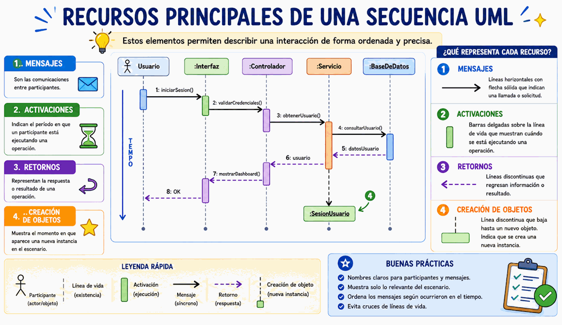 Diagrama de secuencia UML con mensajes, activaciones, retornos y creación de objetos