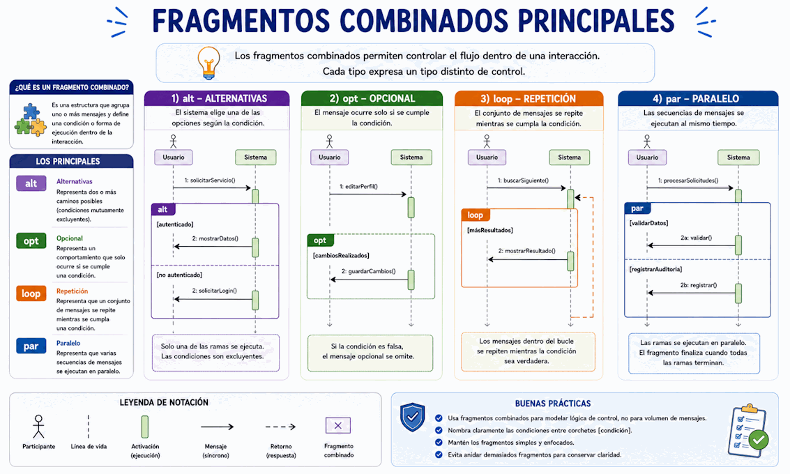 Fragmentos combinados UML alt opt loop y par en diagramas de secuencia