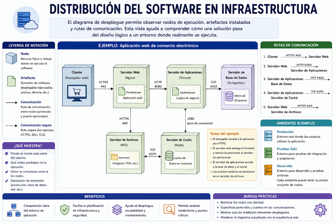 Diagrama de despliegue UML con nodos, servidores, dispositivos, artefactos y conexiones