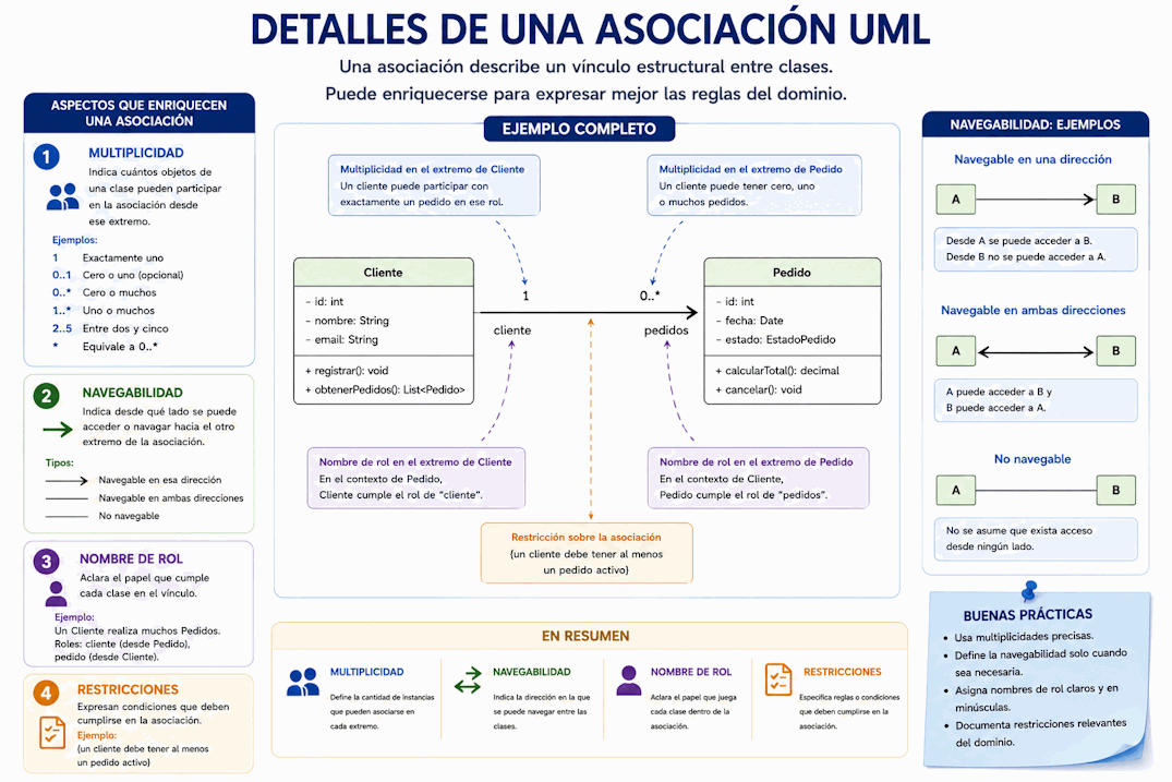 Asociación UML con multiplicidad, navegabilidad, roles y restricciones en un diagrama de clases