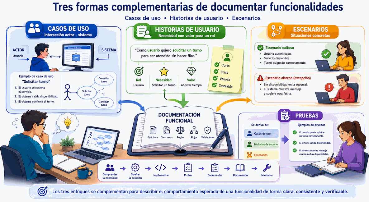 Casos de uso, historias de usuario y escenarios como formas complementarias de documentar funcionalidades de software