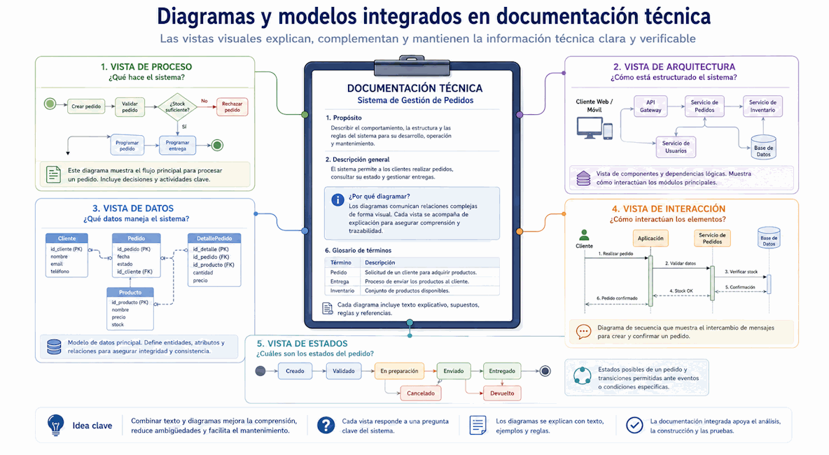 Diagramas y modelos integrados a la documentación técnica para representar procesos, arquitectura, datos, interacción y estados