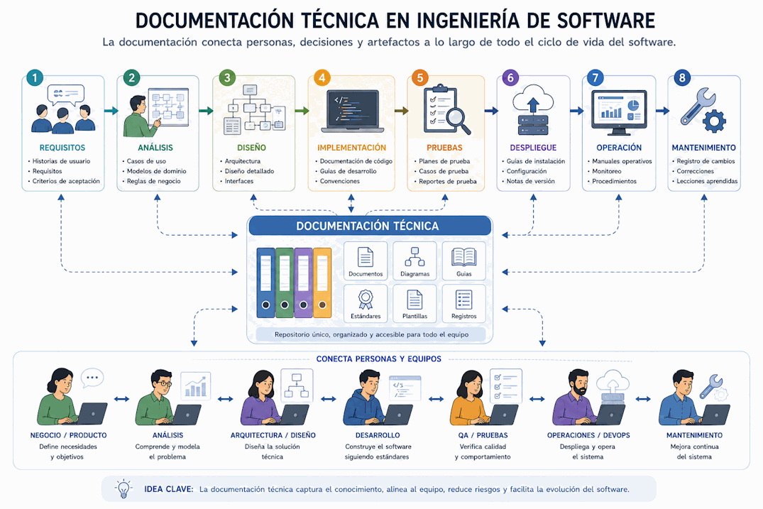 Documentación técnica conectando requisitos, análisis, diseño, implementación, pruebas, despliegue, operación y mantenimiento del software