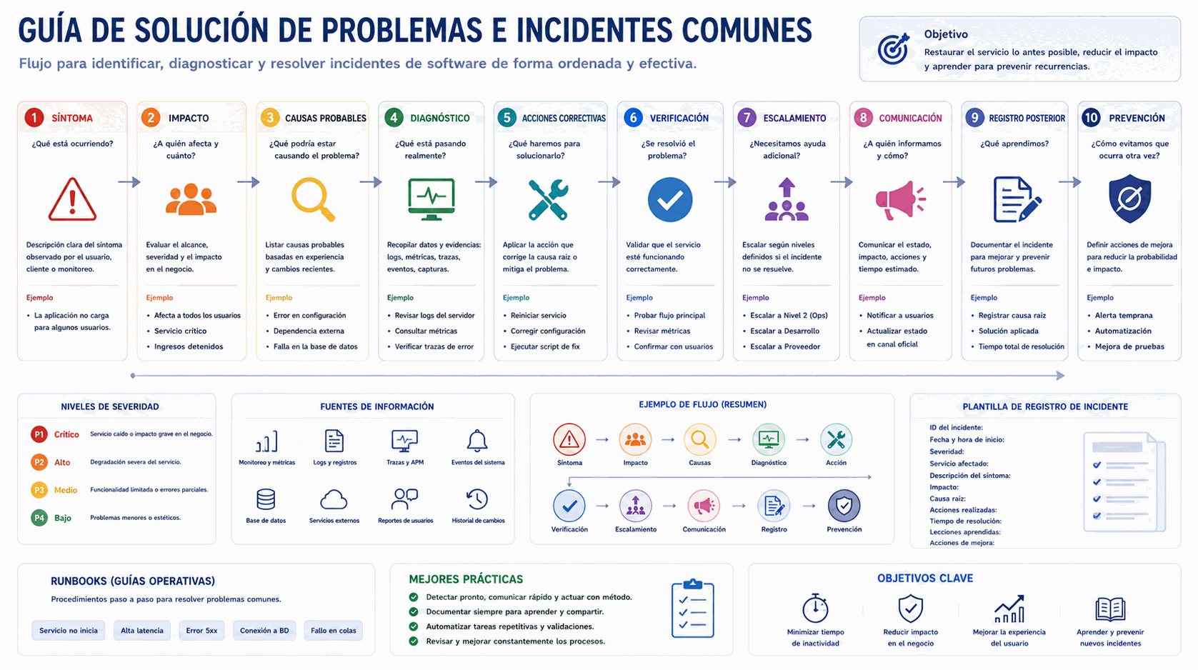Guía de solución de problemas con síntomas, causas probables, diagnóstico, acciones correctivas, verificación, escalamiento e incidentes