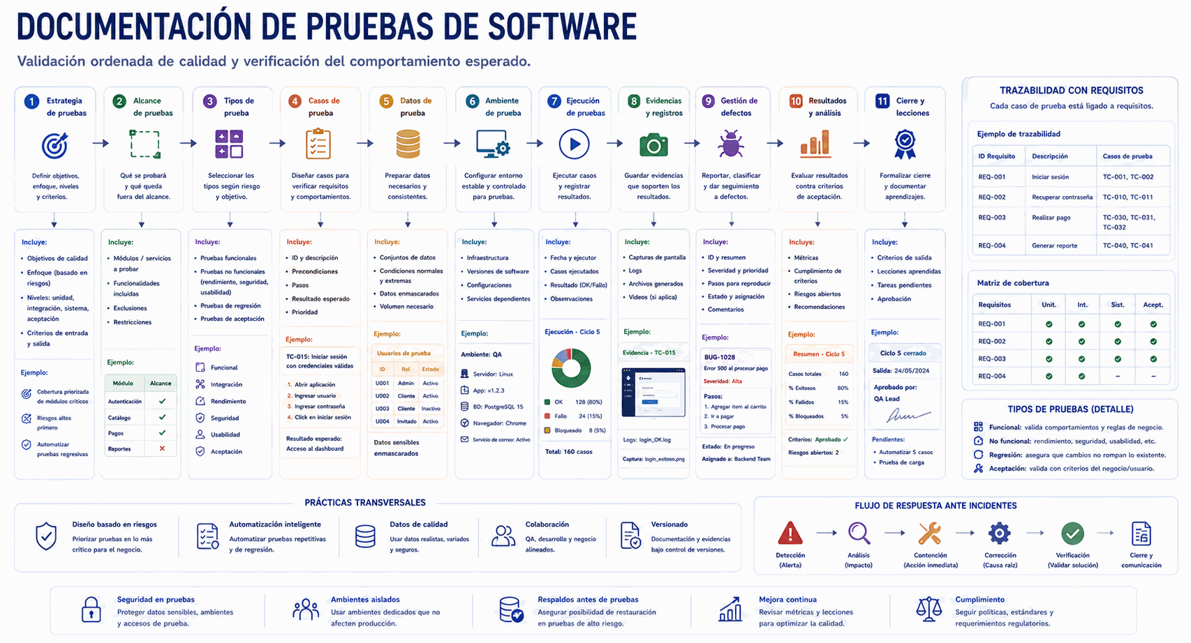 Documentación de pruebas con estrategia, alcance, casos de prueba, datos, ambiente, ejecución, evidencias, defectos, resultados y trazabilidad