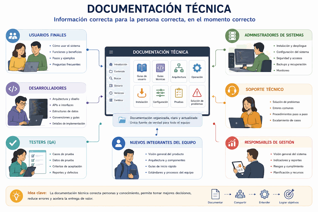 Audiencias de la documentación técnica: usuarios, desarrolladores, administradores, soporte, testers, gestión y nuevos integrantes del equipo