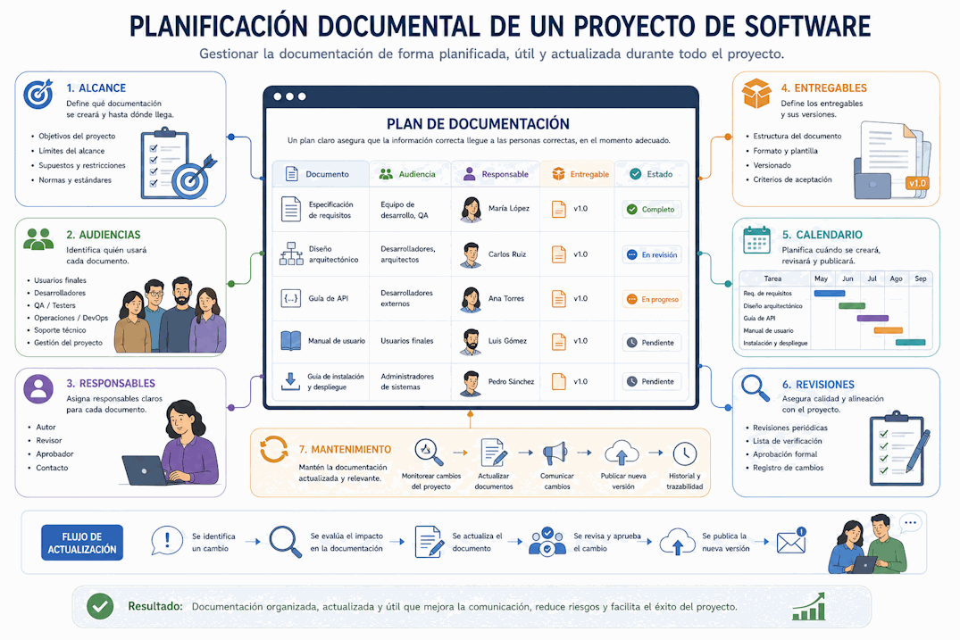Planificación documental con alcance, audiencias, responsables, entregables, calendario, revisiones y mantenimiento