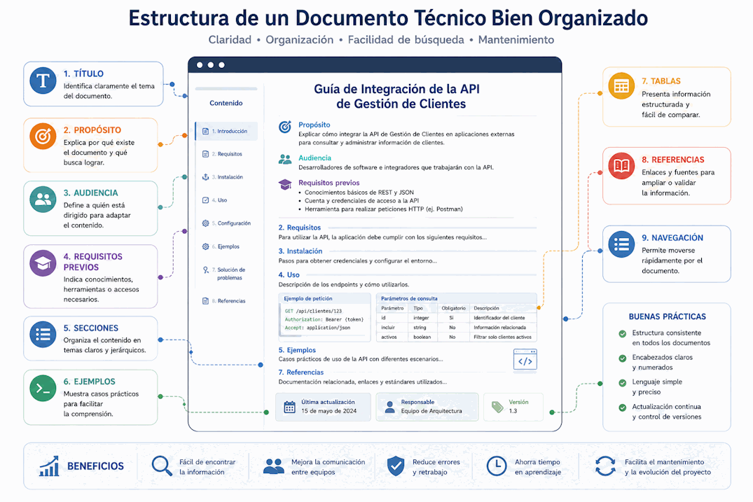 Estructura de documentos técnicos con título, propósito, audiencia, secciones, ejemplos, referencias y navegación
