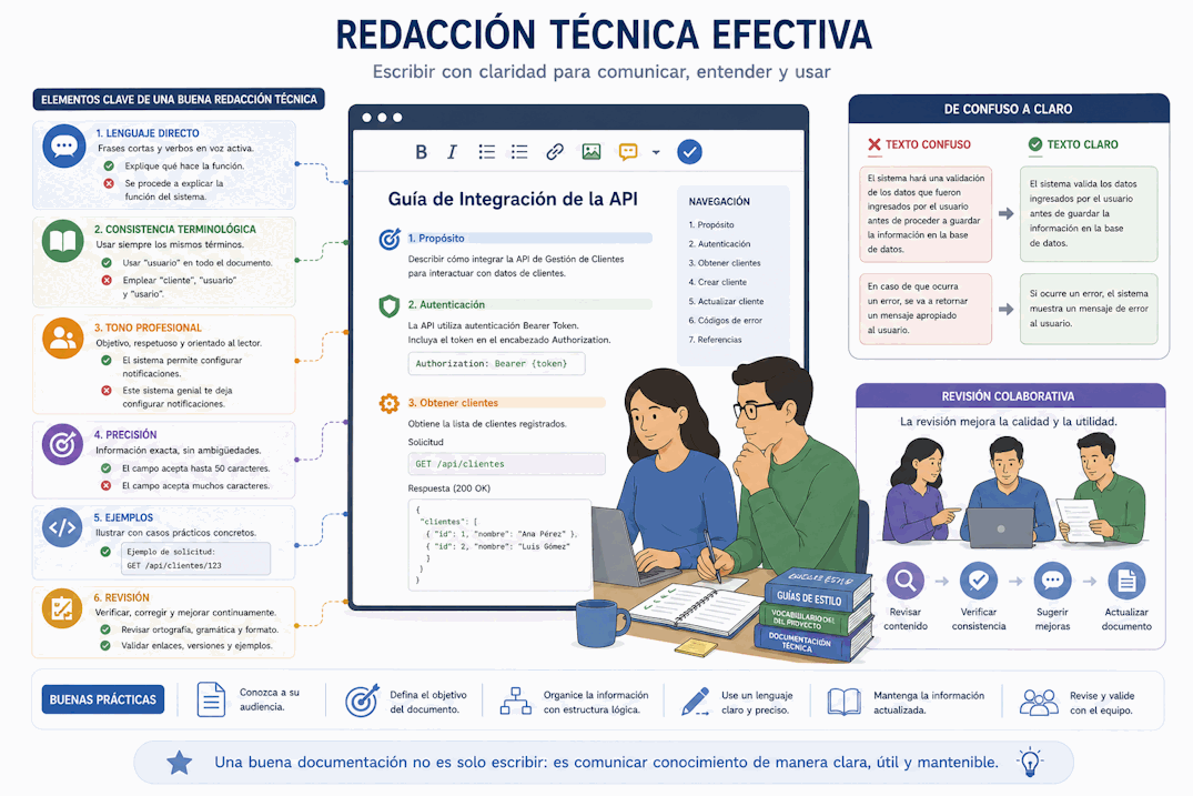 Estilo de redacción técnica con lenguaje directo, consistencia, tono profesional, precisión, ejemplos y revisión